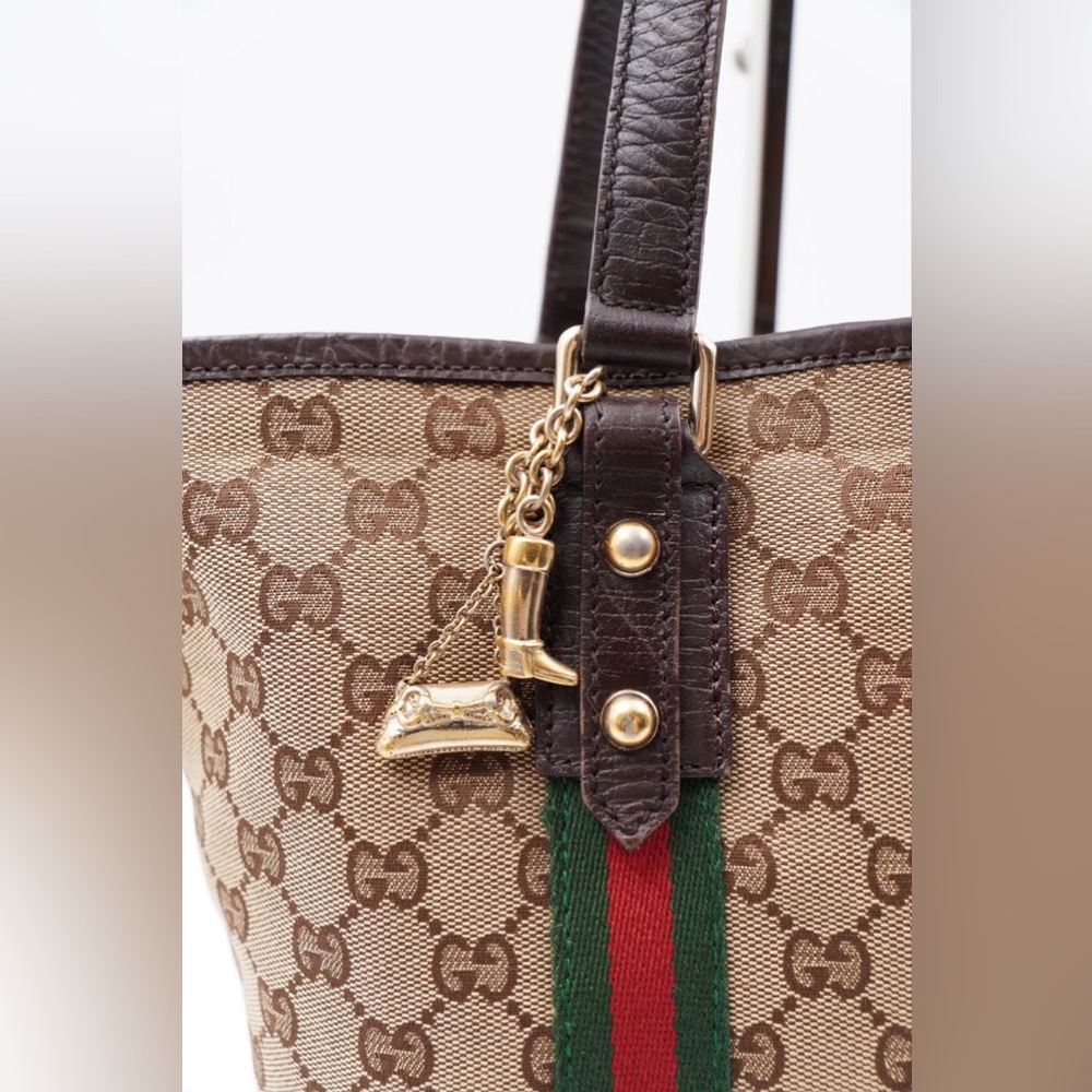 Gucci Beige GG Canvas Tote with Green and Red Web Stripe and Brown Trim - Picture 3 of 16